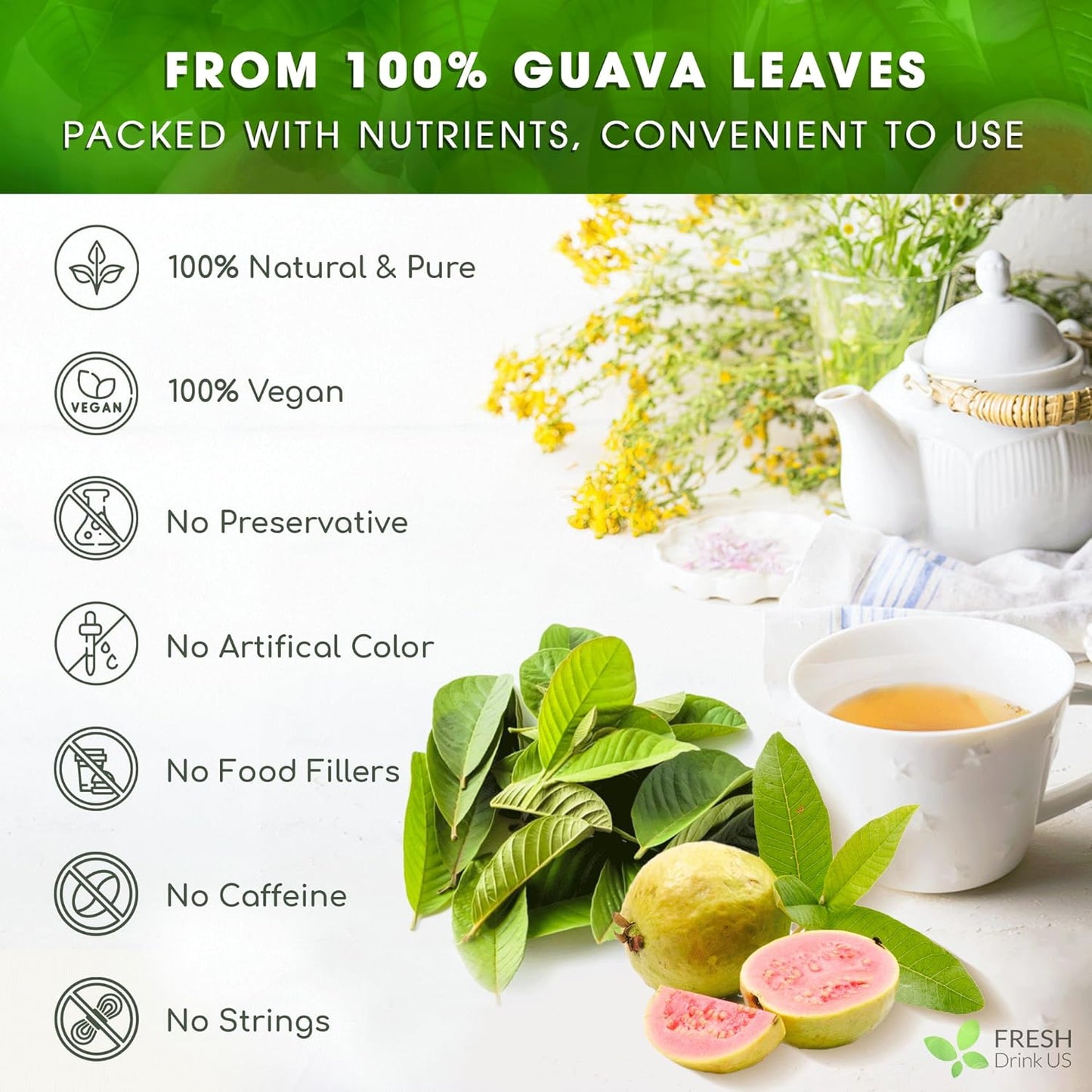 FreshDrinkUS, Premium 135 Guava Leaf Tea Bags, Handmade, From Great Origin, 100% Natural and Pure. Guava Tea, Loose Leaf Herbal Tea. No Sugar/Caffeine/Gluten, Vegan.