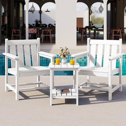 SEWRWALL 3 Pieces Patio Bistro Set, All Weather Adirondack Chair Set with Side Table, HDPE Material Outdoor Patio Furniture Set for Balcony, Porch, Garden, Backyard- White