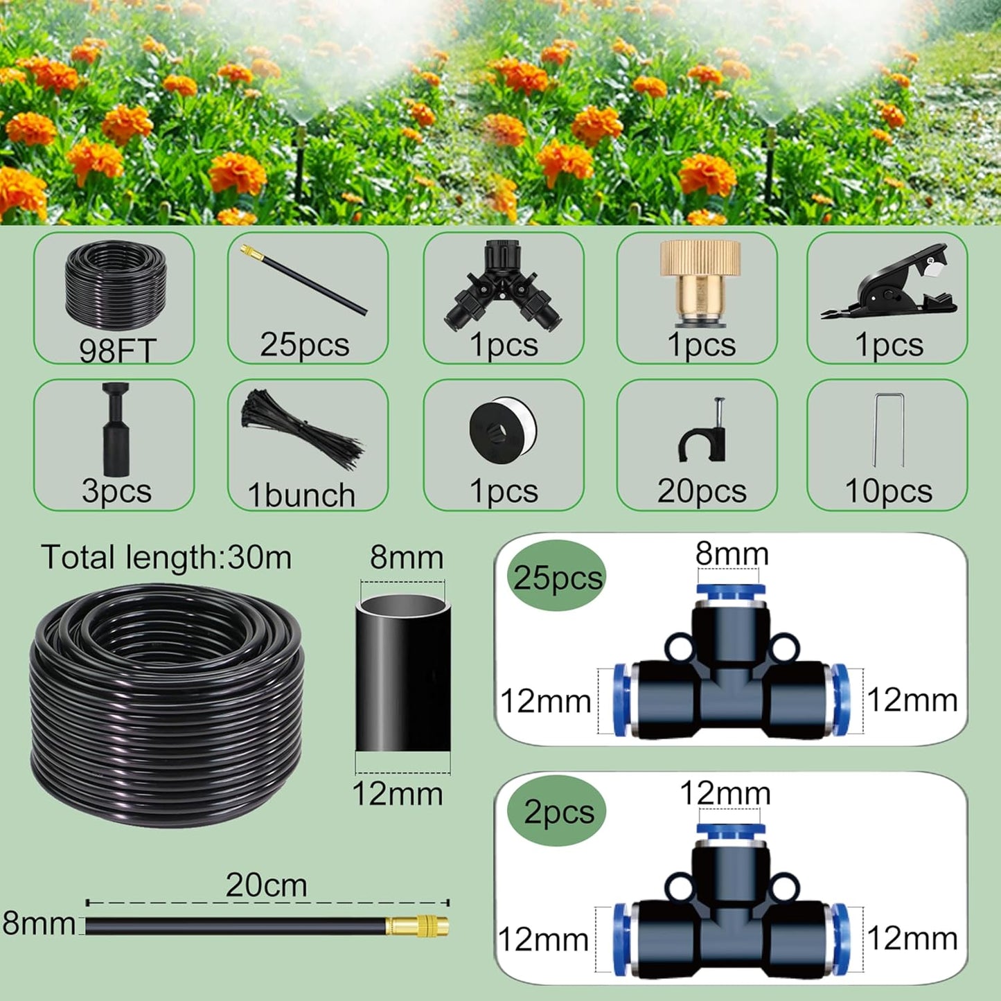 98 Ft Drip Irrigation System,360°Bendable Drip Irrigation Kit,25 Nozzles and 27 Quick Connectors,Automatic Garden Irrigation System,Adjustable Atomizing System for Plants, Greenhouse,Yard,Lawn