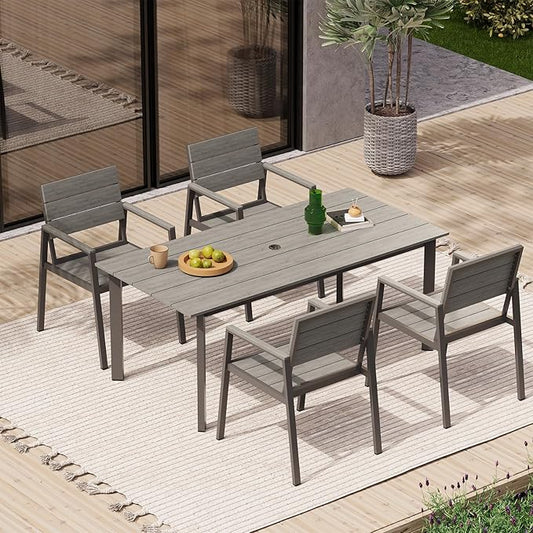 Outdoor Dining Set for 4, Patio Table and Chairs Set with Umbrella Hole, 5 Pieces HDPS Outdoor Furniture Sets for Patio, Garden, Backyard (Gray)