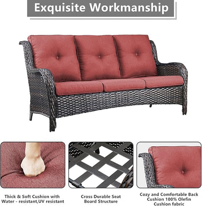 Rilyson Outdoor Patio Wicker Furniture Set - 6 Piece Rattan Patio Conversation Sectional Sofa Set with 1 Couch,2 Armchairs,2 Ottomans and 1 Glass Top Coffee Table for Porch Deck Garden(Brown/Red)