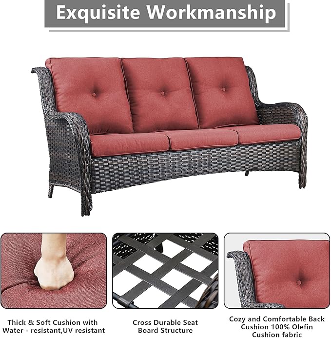 Rilyson Wicker Patio Furniture Sofa Set - 7 Piece Rattan Outdoor Patio Sectional Conversation Sets with 2 Sofa,2 Armrest Chairs,1 Coffee Table and 2 Ottomans for Porch Deck Garden(Brown/Red)