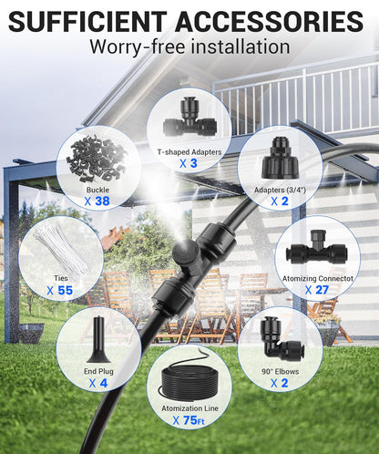 75FT Misters for Outside Patio Misters for Cooling (27 Mist Nozzles) Outdoor Water Patio Hose Greenhouse Mister System Outside Mist Backyard Trampoline for Waterpark Watering Misters for Cooling