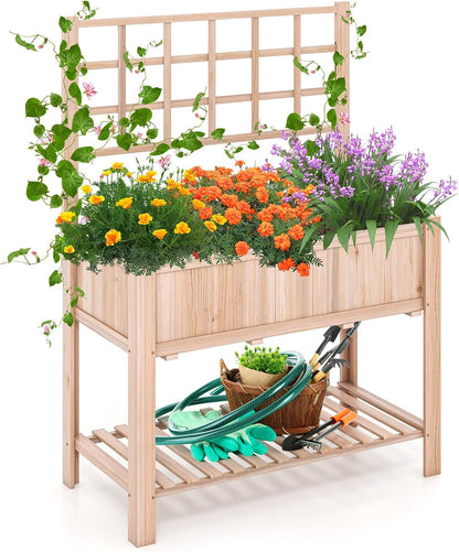 S AFSTAR Raised Garden Bed with Trellis, 42x21x58in Elevated Planter Box with Legs, Bottom Storage Shelf, Planter Liner, Wood Standing Planter Stand for Climbing Plants Flowers Vegetables Herbs