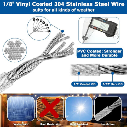 220FT 1/8" Wire Rope Kit - 304 Stainless Steel Cable with Turnbuckles for Cables Wire, Vinyl Coated Hanging Wire for Outdoor String Lights, Camping, Garden Trellis, Hanging Clothes, Pictures, Curtain