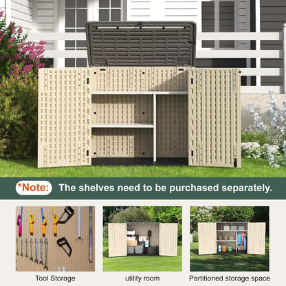 30 Cu.Ft Outdoor Storage Shed, Multi-Purpose Weather-Resistant Utility Shed for Garbage Cans, Lawn Mower, Garden Tools, Waterproof Resin Horizontal Cabinet with Pad-Lockable Doors (Khaki)