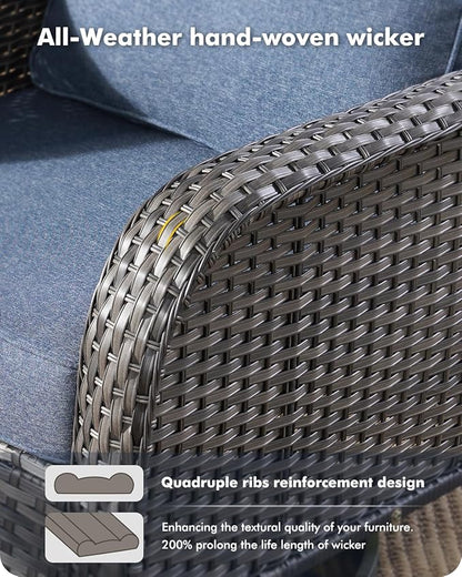 8-Piece Wicker Patio Furniture Set, All-Weather Rattan Conversation Bistro Loveseat Chair and Patio Rockers Set for Backyard, Balcony and Deck with Soft Cushions and Metal Table(Blue)