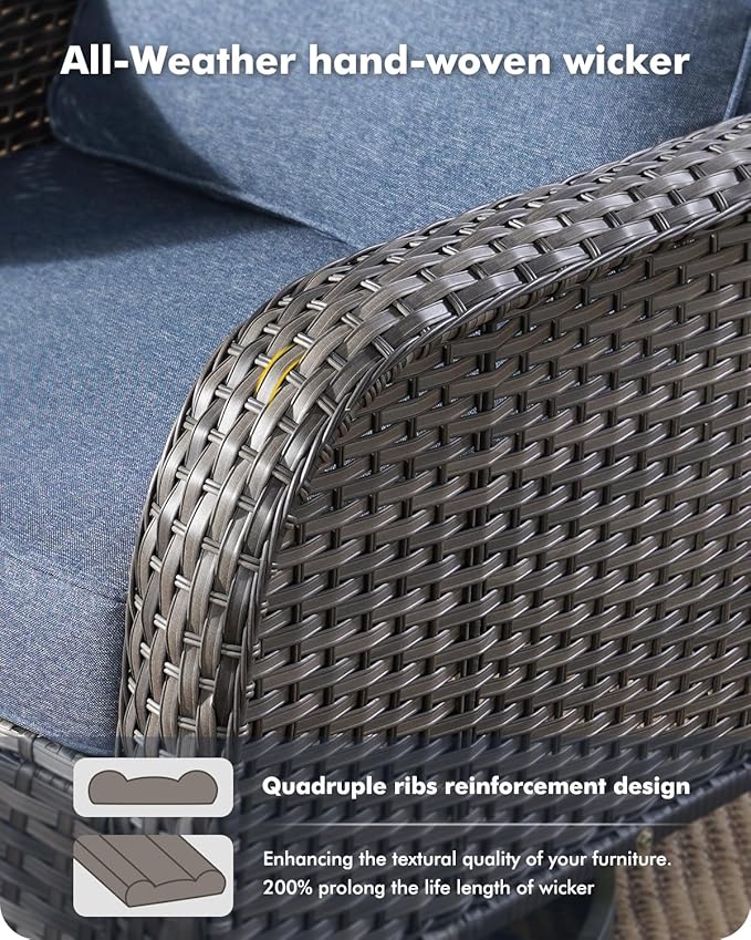 3-Piece Swivel Rocking Rattan Chair Outdoor, Patio Bistro Furniture Conversation Set, Wicker Chair with Coffee Table Blue