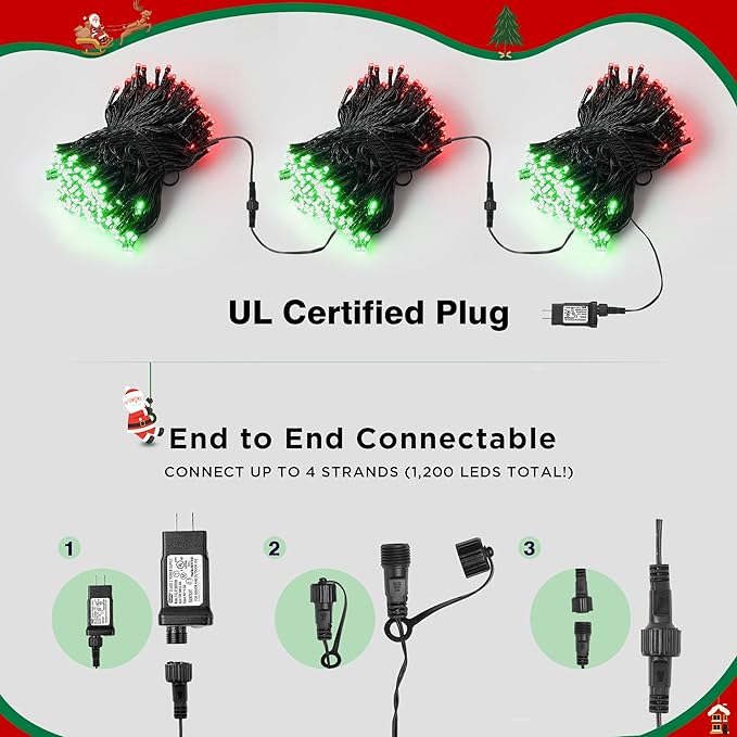 BlcTec Christmas Lights Indoor Outdoor 300 LED 108FT UL Certified Christmas Tree Lights with 8 Modes, Waterproof, Timer, End to End Connectable String Light for Trees, Patio Xmas Decor, Red Green