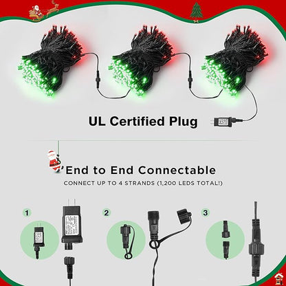BlcTec Christmas Lights Indoor Outdoor 300 LED 108FT UL Certified Christmas Tree Lights with 8 Modes, Waterproof, Timer, End to End Connectable String Light for Trees, Patio Xmas Decor, Red Green