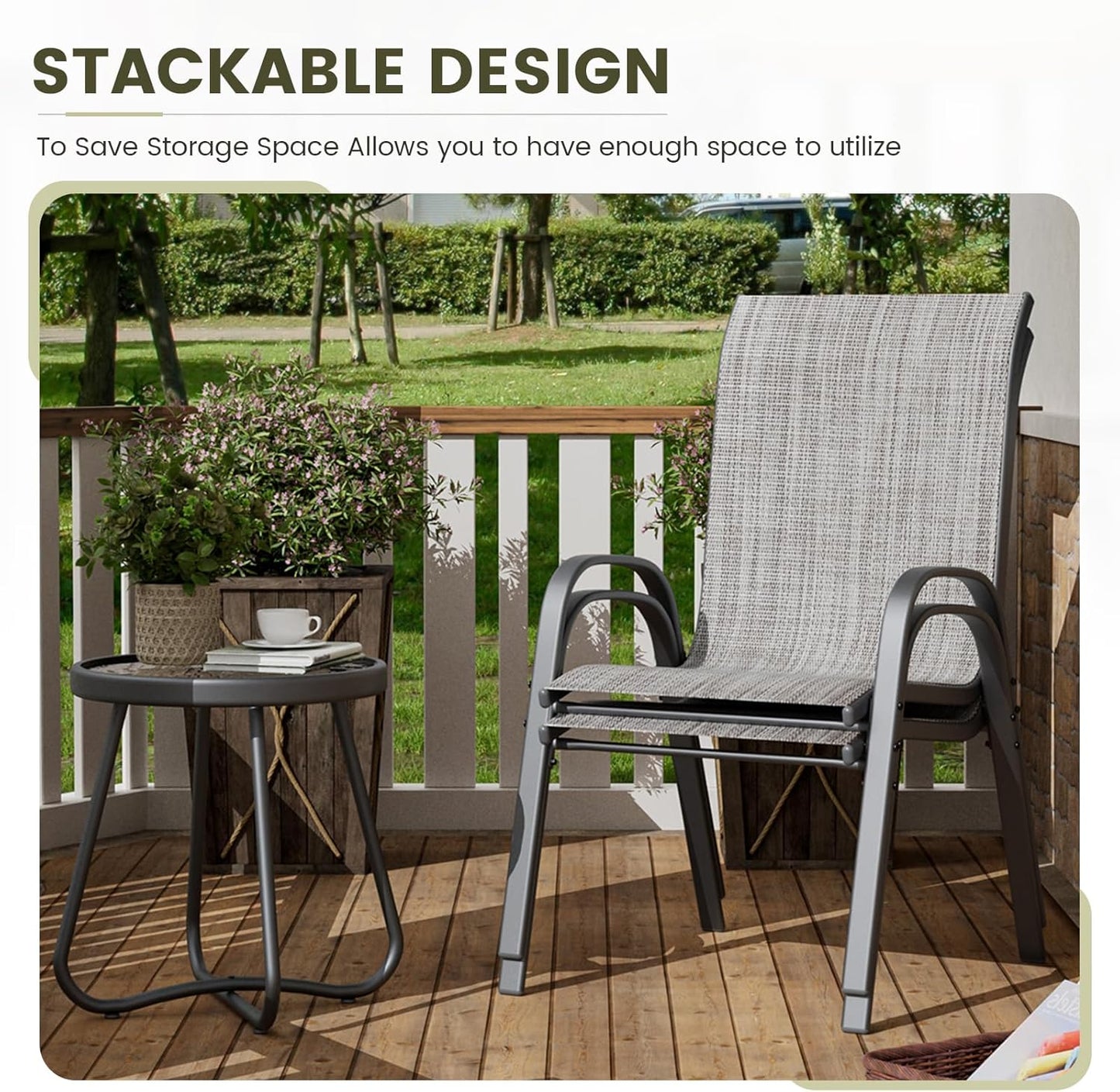 UDPATIO Patio Dining Set of 3, Outdoor Table and Chairs Set with Glass Table, 2 Stackable Patio Chairs with High Back, Outdoor Furniture Sets for Deck Garden Backyard Lawn Poolside (Light Grey)