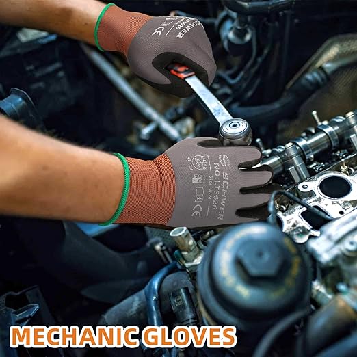 Schwer 6 Pairs Safety Work Gloves with Sandy Nitrile Coating LT5626, Max Abrasion Resistance Heavy Duty Gloves with Grip for Men and Women, Ideal for General Use, Mechanic, Construction, Gardening, XS