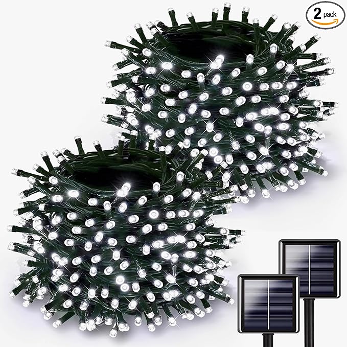 2 Pack Solar Christmas Lights Outdoor, 400 LED 144FT Extra-Long Solar String Lights Waterproof with Green Wire 8 Lighting Modes, Twinkle Light for Xmas Tree Fence Porch Garden Party Decor, Cool White