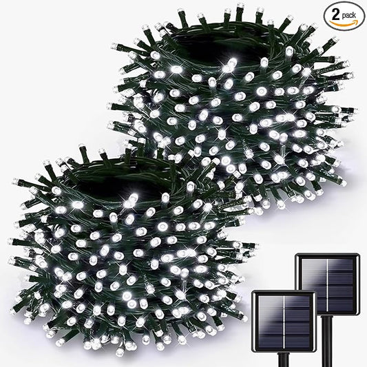 2 Pack Solar Christmas Lights Outdoor, 400 LED 144FT Extra-Long Solar String Lights Waterproof with Green Wire 8 Lighting Modes, Twinkle Light for Xmas Tree Fence Porch Garden Party Decor, Cool White