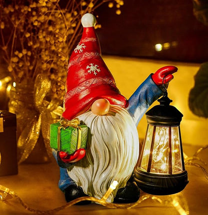 Solar Christmas Santa Hat Gnome Outdoor Statue with LED Lantern - Winter Xmas Holiday Porch Yard Home Decor Gardening Gift