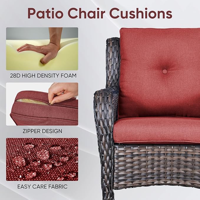 Outdoor Chair Cushions 3 Packs - Outside High Back Thick Water-Resistant Cushion 22x24 with Zipper Cover for Patio Glider Rocking Chairs Loveseat Couch – Red/Buckle