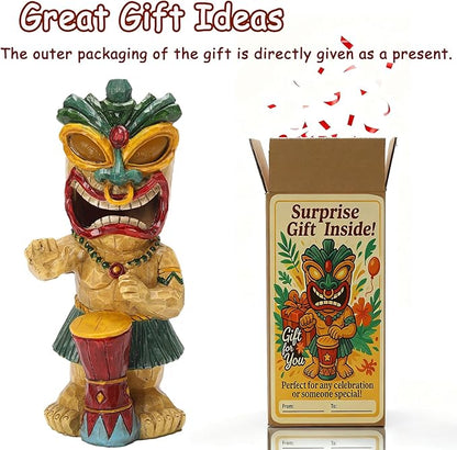 Solar Tiki Garden Statue with LED Eyes Outdoor Polynesian Drummer Hawaiian Party Decor Solar Light Ornament for Patio Porch Lawn Tiki Bar or Tiki Lover Funny Stocking Stuffers Gifts
