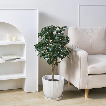 ADN 10 Inch Ceramic Planter Pot with Drainage Hole and Saucer,Large Round Plant pots for Indoor Outdoor Plants,Modern Flower pots, White