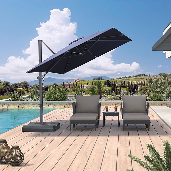 PURPLE LEAF 8' × 8' Patio Cantilever Umbrella Outdoor Square Adjustable Offset Umbrellas with 360-degree Rotation and 8 Heavy Duty Metal Ribs for Garden Deck Pool Navy Blue