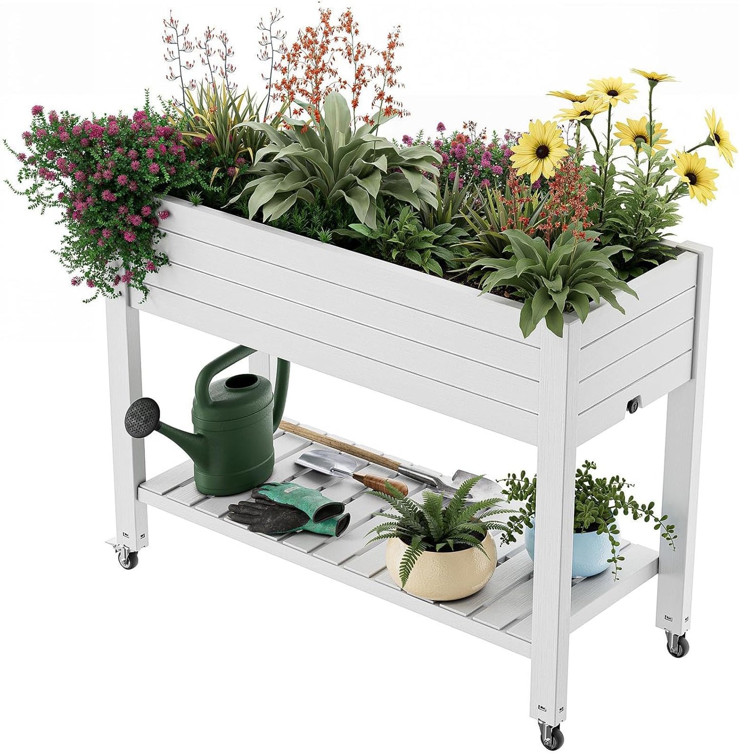 Elevated Raised Garden Bed with Wheels,Outdoor Large Resin Patio Planter Box Stand Divisible with Drain Plug,Water Monitor for Plants Vegetables Flowers Fruits(Ashen)