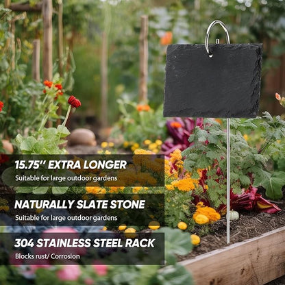 12 Sets Plant Labels Slate Plant Tags Garden Sign Marker Weatherproof Reusable Natural Slate Garden Sign Hanging Tag with Metal Stake and Pen for Outdoor Flower Vegetable(Rectangle)