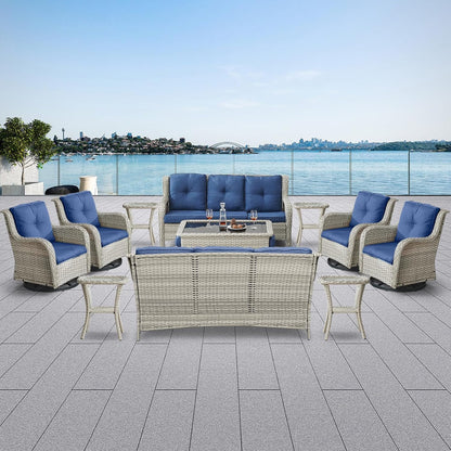 Wicker Patio Furniture Sets - 13 Piece Outdoor Rattan Furniture Conversation Sets with 4 Swivel Rocker Chairs, 2 Rattan Sofas, Wicker Ottomans and Coffee Table, Light Grey/Blue