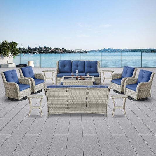 Wicker Patio Furniture Sets - 13 Piece Outdoor Rattan Furniture Conversation Sets with 4 Swivel Rocker Chairs, 2 Rattan Sofas, Wicker Ottomans and Coffee Table, Light Grey/Blue
