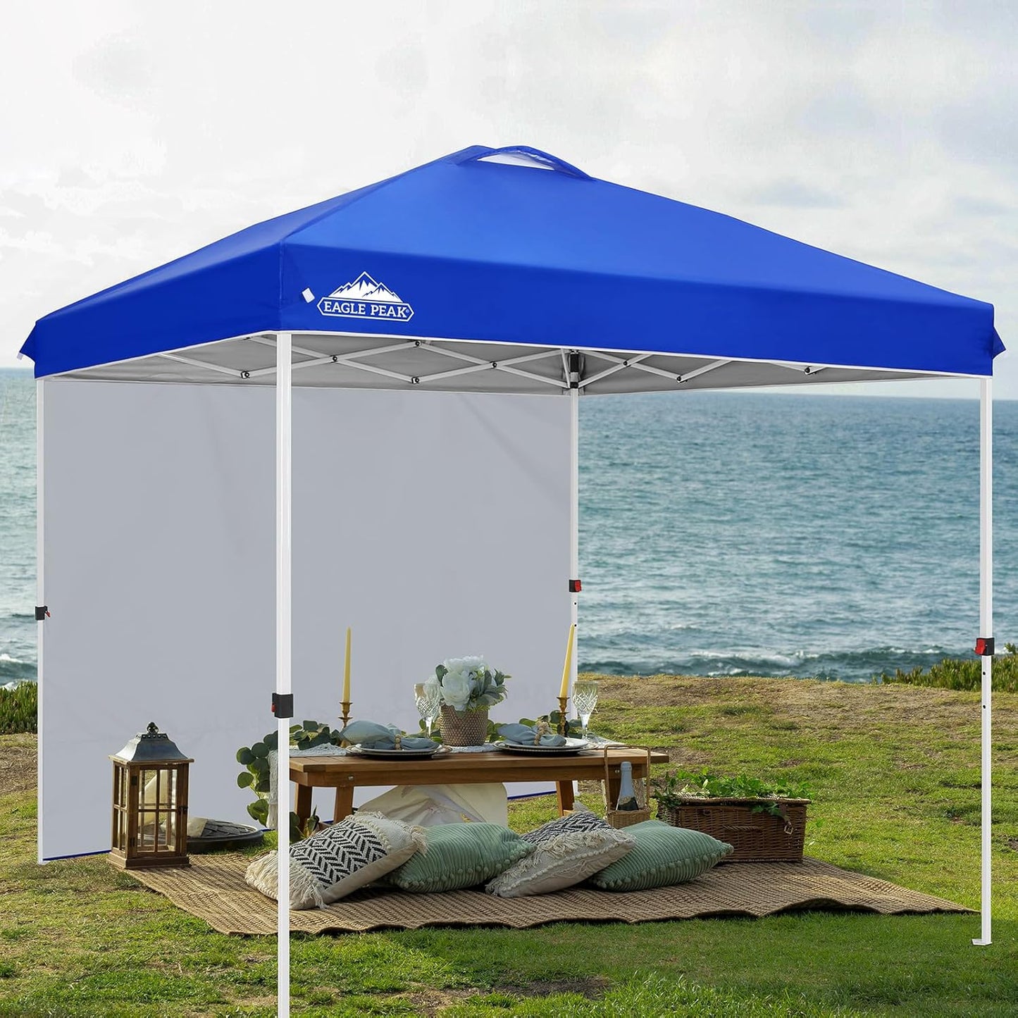 EAGLE PEAK Pop Up Canopy Tent with 1 Sidewall, Easy Setup Event Tent, Outdoor Sun Shade, Wheeled Carry Bag, Stakes and Guy Ropes, Instant Canopy 8x8, Blue