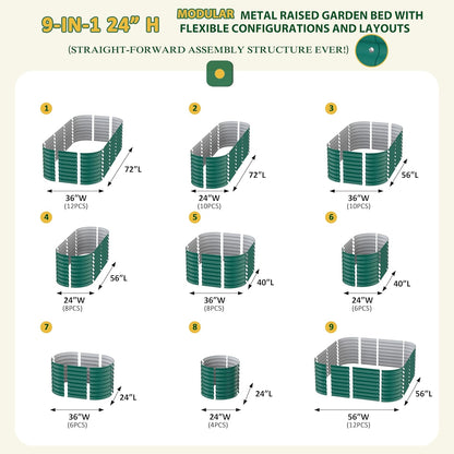 MUPATER 9-in-1 Galvanized Steel Planter Box, 24''H Modular Garden Bed Outdoor with 2 Aluminum Support Rods, 6x3x2FT Raised Garden Bed Kit Oval for Herbs, Vegetables and Flowers, Garden, Green