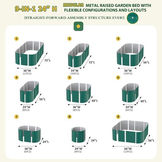 MUPATER 9-in-1 Galvanized Steel Planter Box, 24''H Modular Garden Bed Outdoor with 2 Aluminum Support Rods, 6x3x2FT Raised Garden Bed Kit Oval for Herbs, Vegetables and Flowers, Garden, Green