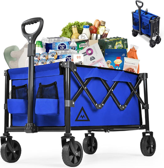 Wagon Cart Shopping Foldable Folding Collapsible with Wheels Big On Beach Garden Outdoor Grocery Heavy Duty Utility All Terrain Portable Wagons Carts for Groceries Sand Camping Sports Blue