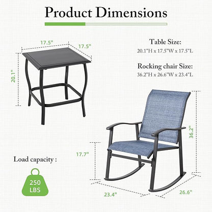 Shintenchi Rocking Chair Outdoor with Table, 3 Piece Rocking Patio Bistro Set, Outdoor Furniture Set with Metal Frame and Textilene Fabric for Small Space, Dark Blue
