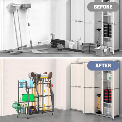 WALMANN Garden Tool Organizer with Wheels for Garage, Large Storage Capacity, Rakes/Shovels/Yard Tools Storage Stand for Shed, Garden, Indoor/Outdoor Long-Handled Tools Rolling Cart