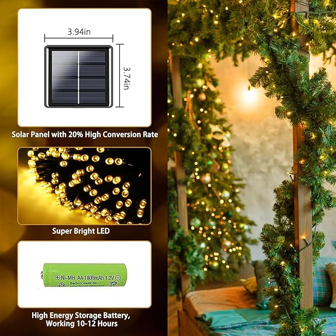 4 Pack Solar Chrismas Lights Outdoor, 170 FT Total 480 LED Solar String Lights for Outside with 8 Modes & Memory Function, Waterproof Twinkle Light for Xmas Tree Yard Party Decorations (Warm White)