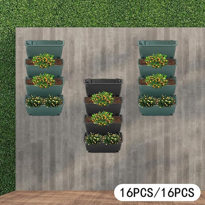 Wall-Mounted Vertical Wall Planter 16 Pack Stackable Wall Planter Indoor Outdoor, Garden Self Watering Wall-Mounted Plastic Planter Plant Flower Pot Holder for Vegetable Fruit Herb