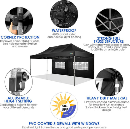 COBIZI 10x20 Canopy with Sidewalls, Heavy duty Party Tent Pop up carpas para fiestas, Tents for Parties, wedding, Outdoor Ez up Foldable Portable Canopy Tent with Wheeled Bag, Black(Windproof Upgrade)