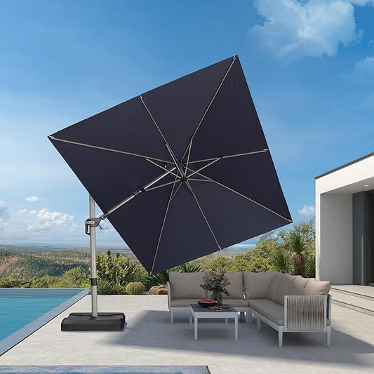 PURPLE LEAF 9' X 12' Left-right Tilting Patio Umbrella Outdoor Swivel Cantilever Umbrella Aluminum Offset Umbrella with Champagne Frame and 360-degree Rotation for Garden Deck Pool, Navy Blue