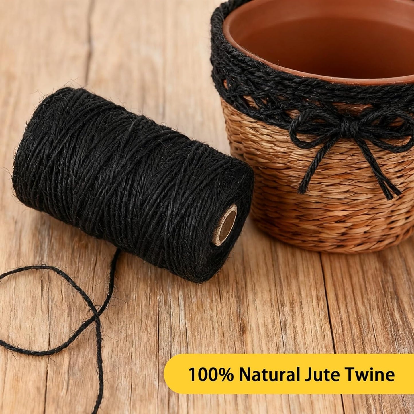 2mm 328 Feet Black Natural Jute Twine, for Crafts Gift, Craft Projects, Wrapping, Bundling, Packing, Holiday Packaging Twine, Gardening and More, Jute Rope to Use Around The House and Garden