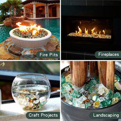 Mr. Fireglass 10 Pounds Blended Fire Glass - 1/2 Inch Mixed Colored High Luster Reflective Tempered Glass Rocks for Fireplace Fire Pit Table Fireplace and Landscaping, Copper+Gold+Light Green