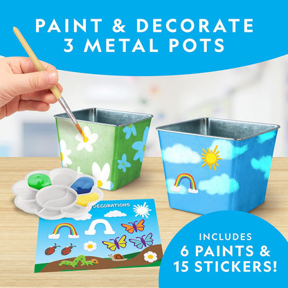National Geographic Flower & Herb Gardening Kit for Kids - Gardening Set with 3 Stainless Steel Pots, Paint & Stickers, Kids Plant Growing Kit