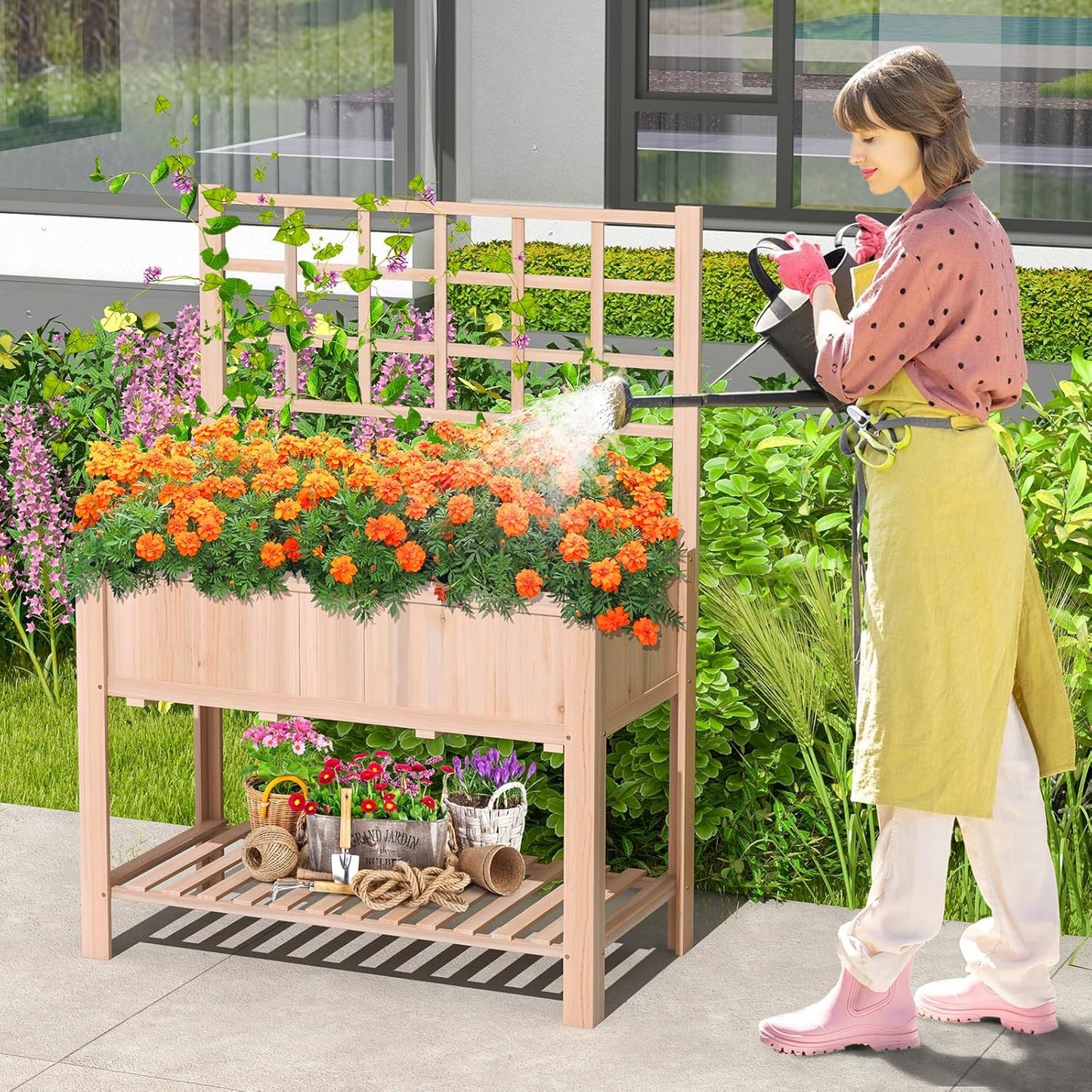 S AFSTAR Raised Garden Bed with Trellis, 42x21x58in Elevated Planter Box with Legs, Bottom Storage Shelf, Planter Liner, Wood Standing Planter Stand for Climbing Plants Flowers Vegetables Herbs