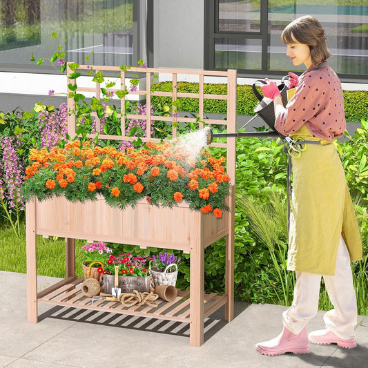 S AFSTAR Raised Garden Bed with Trellis, 42x21x58in Elevated Planter Box with Legs, Bottom Storage Shelf, Planter Liner, Wood Standing Planter Stand for Climbing Plants Flowers Vegetables Herbs