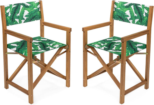 JONATHAN Y DRC1001A-SET2 Cukor Classic Vintage Outdoor Acacia Wood Folding Director Chair with Canvas Seat Mid-Century, Modern, Traditional, Classic, Coastal, Green Leaf/Teak Brown (Set of 2)
