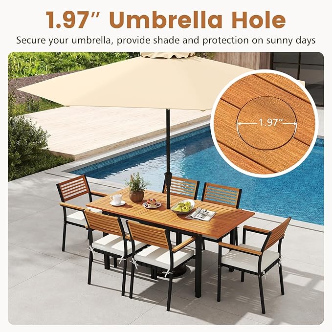 Tangkula 7-Piece Patio Dining Set, Outdoor Acacia Wood Cushioned Chairs and 51”-64” Expandable Rectangular Table Set, with Umbrella Hole, 6 Stackable Armchairs, for Poolside Garden (Off White)
