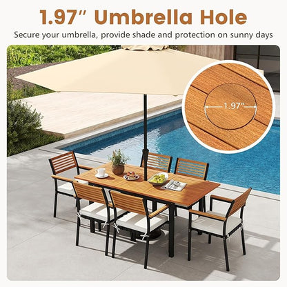 Tangkula 7-Piece Patio Dining Set, Outdoor Acacia Wood Cushioned Chairs and 51”-64” Expandable Rectangular Table Set, with Umbrella Hole, 6 Stackable Armchairs, for Poolside Garden (Off White)