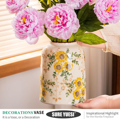Sunflower Green and Beige Vase, Yellow Ceramic Vintage Vase Cottage Core Home Decor, Cute Floral Centerpiece Vases for Living Room, Bedroom, Kitchen, Table Grand Millennial Decors, Tuscan Decor 7.8In
