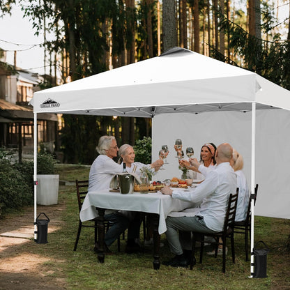 EAGLE PEAK Pop Up Canopy Tent with 1 Sidewall, Easy Setup Event Tent, Outdoor Sun Shade, Wheeled Carry Bag, Stakes and Guy Ropes, Instant Canopy 12x12, White