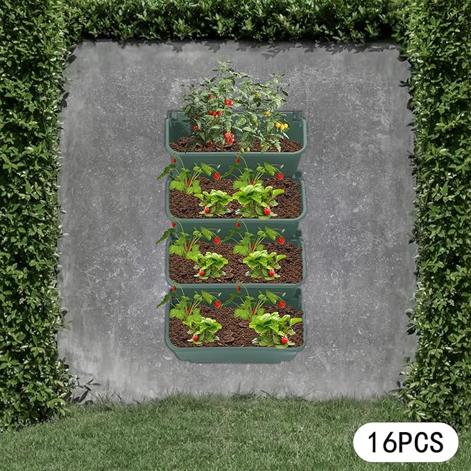 Wall-Mounted Vertical Wall Planter 16 Pack Stackable Wall Planter Indoor Outdoor, Garden Self Watering Wall-Mounted Plastic Planter Plant Flower Pot Holder for Vegetable Fruit Herb