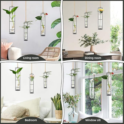 MIPON Plant Propagation Stations,Hanging Glass Propagation Test Tube Vases for Plants with Gold Metal Stand for Hydroponic Cutting Home Garden Office Decor-Black