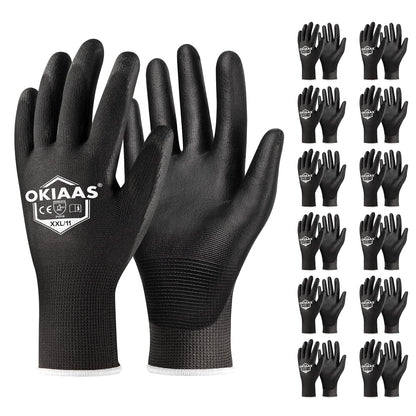 OKIAAS Work Gloves for Men，Ultra Thin and Lightweight Working Gloves with Grip, 12 Pairs Bulk Pack Construction Gloves with Polyurethane Coating for Light Duty Work (Black, XX-Large)